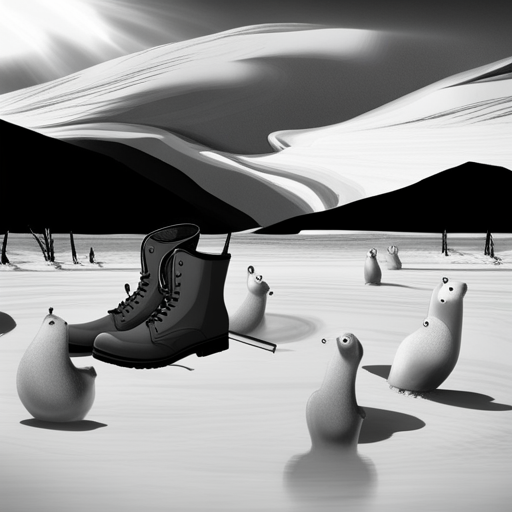 Surrealism, Winter, Playful, Monotone, Graphical, Arctic Waddle, Animated, Looping, Ice, Sliding, Comedy, Salvador Dali, Max Ernst, Giorgio de Chirico, André Breton, Yves Tanguy, Rene Magritte, Cold War era, Snowflake, Frost, Snow drift, Icicles, Abstract art, Cybernetic organisms, Futuristic, Animated cartoons, Anthropomorphic animals, Character design, Visual storytelling, Stop motion, Motion graphics, Sketch comedy, Puns, Irony, Satire, Visual jokes, Animation principles, Staging, Motion path, Timing, Squash and stretch, Arcing, Secondary motion, Directing animation, Ice skating, Ice hockey, Ice fishing, Tobogganing, Sliding turns, Curling, Bobsleigh, Figure skating, The Nutcracker ballet, Jingle Bells, Slapstick comedy, Digital painting, Digital collage, Vector art, Graphic design, Minimalism, Black and white, Shades of grey, Textured backgrounds, Geometric shapes, Motion blur, Light sources, Shadows, Reflections, Shine, Gloss, Defining edges, Cell shading, Framing, Animated typography, Kinetic typography, High speed camera, Time-lapse photography, Snowstorm, Blizzard, Snowman, Yeti, White rabbit, Northern lights, Winter solstice, Shortest day, Longest night