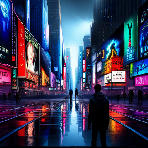 cyberpunk, neon lights, dystopian future, retro-futurism, street art, cybernetic enhancements, flying vehicles, holographic advertisements, rebellious youth, urban decay, Blade Runner vibes