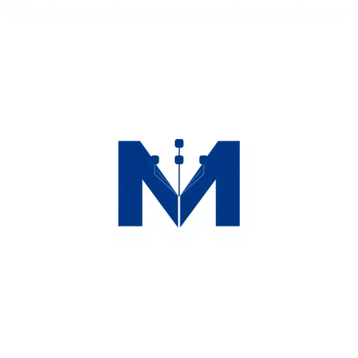 minimalist, bold, letter M, logo design, solid geometric shapes, V-shaped connectors, branching lines, hierarchy symbolism, indigo blue color palette, flat vector style, clean composition, modern SaaS branding, software aesthetics, white background, high-tech elegance, contemporary design, clarity, sleek presentation, geometric precision, corporate identity, monochromatic balance, visual hierarchy