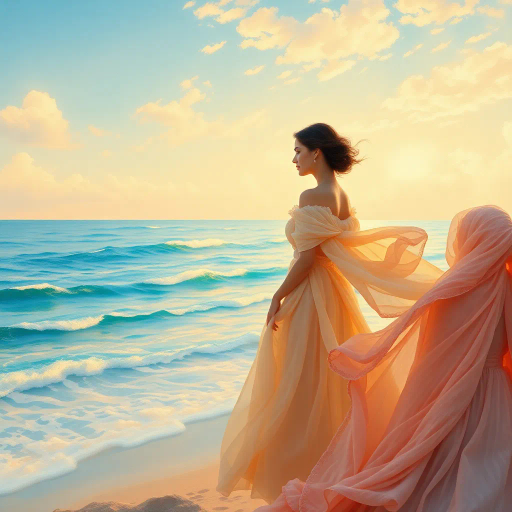 serene beach scene, ethereal light, vibrant sunrise, Claude Monet influence, gentle waves, Impressionism, warm color palette, soft brushstrokes, golden sands, timeless beauty, reflective water, gentle breeze, horizon line, tranquil mood, relaxed expression, flowing garments, intricate details, playful shadows, natural beauty, calm ocean, distant cliffs, artistry of nature, morning glow, sun-drenched, peaceful atmosphere, female figures, harmonious composition, visual poetry, artistic elegance, serene landscape, open sky, mood of contemplation, touch of mystery, dynamic forms, visual harmony