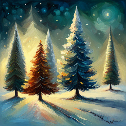 four Christmas tree, textured canva, oil vintage