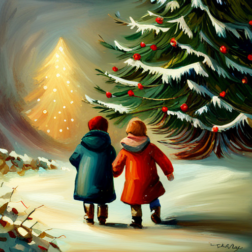 Vintage oil painting of children playing under a Christmas tree during the winter season