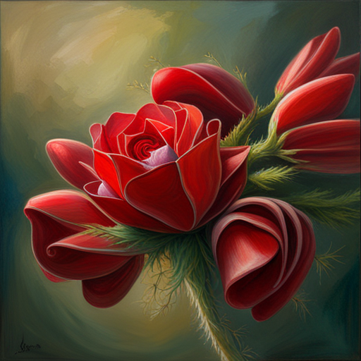 delicate, red petals, emotional symbolism, thorns, impressionism, still-life, fragility, life cycle, warm lighting, chiaroscuro, art nouveau