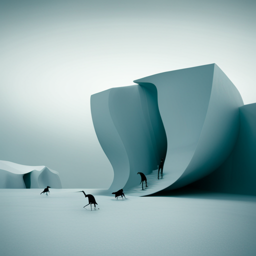 Surrealist Arctic waddle in the winter, depicted in a graphical monotone style. The scene is animated with a looping motion, as the characters slide on ice while maintaining a playful and comedic atmosphere.