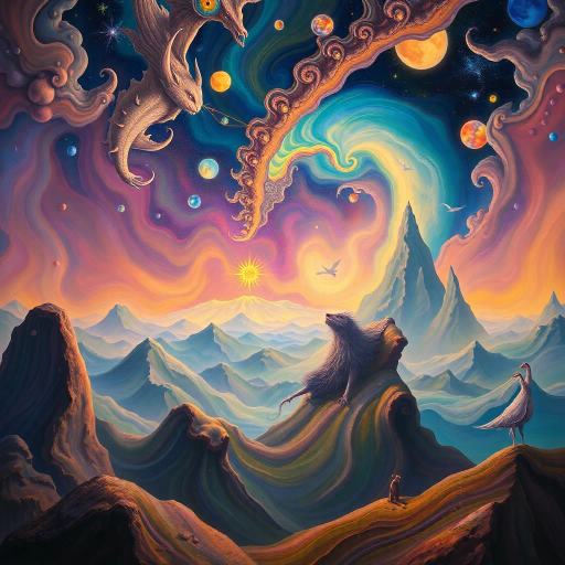 surreal, dreamscape, Salvador Dali, vibrant colors, ethereal lighting, flowing movement, surrealism, imaginative landscapes, whimsical creatures, fantastical elements, rich textures, metaphysical themes, mystical atmosphere, pastel contrasts, intricate details, otherworldly realms, fantastical narrative, celestial symbolism, fluid forms, visual poetry