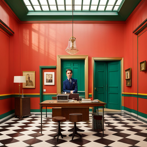 wes anderson, film director, quirky, symmetrical, pastel colors, vintage, intricately designed sets, playful, whimsical, dry humor, ensemble cast, retro, 1960s, unique character costumes, colorful props, intricate framing, angled camera shots, artistic composition, vintage typography, surrealism