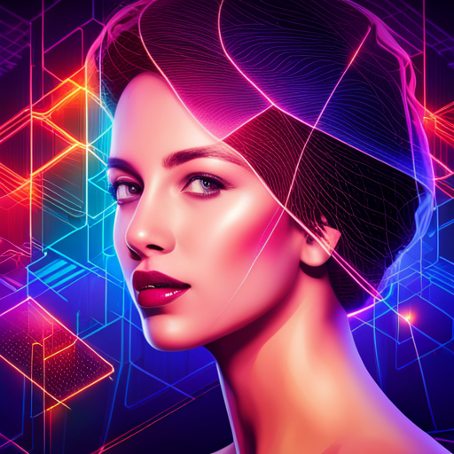 futuristic technology, artificial intelligence, machine learning, algorithmic design, visual recognition, neural networks, big data analytics, branding identity, abstract shapes, geometric patterns, sci-fi, neon lighting