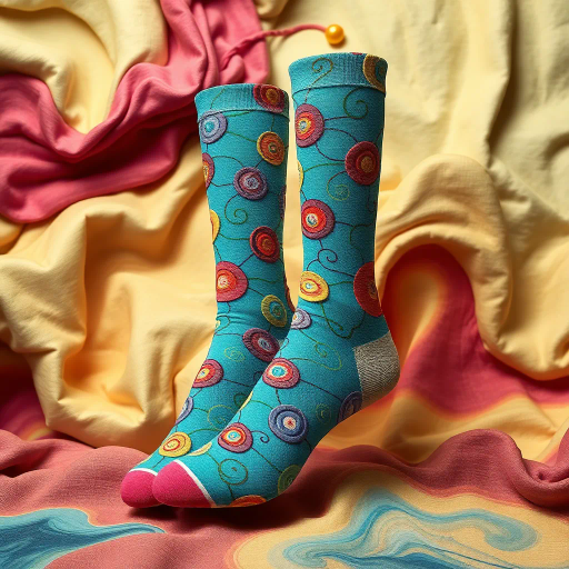 conceptual socks, surrealism, Salvador Dali influence, vibrant colors, textile texture, intricate patterns, dreamlike atmosphere, whimsical design, flowing forms, soft fabric rendering, playful ambiance, dynamic composition, contemporary twist, abstract expression, unconventional materials, visual harmony, imaginative interpretation, surreal landscapes, Andre Breton influence, emotive mood, blending patterns, vivid hues, creative abstraction
