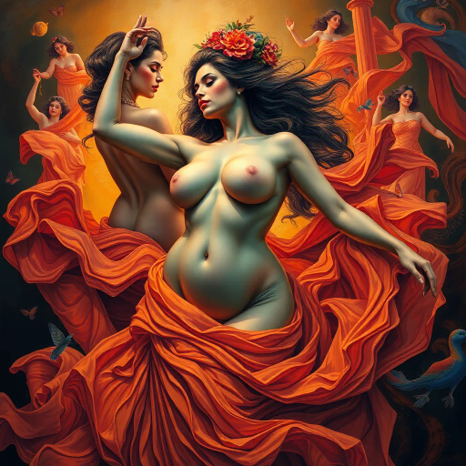 voluptuous figures, celebration of curves, renaissance influences, chiaroscuro lighting, vibrant colors, soft textures, sensual movement, feminine power, body positivity, bold composition, dynamic lines, emotive expression, warmth and depth, lush landscapes, ethereal light, modern interpretation, cultural richness, intricate details, expressive brushstrokes, artistic celebration