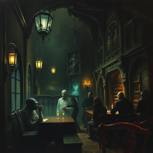 haunted tavern, eerie atmosphere, Gothic architecture, translucent specters, dim candlelight, John Atkinson Grimshaw influence, Victorian era, shadowy corners, spectral patrons, mystical glow, cobweb-laden rafters, misty ambiance, chiaroscuro contrasts, haunted past, ghostly whispers, weathered wood textures, melancholic mood, surreal distortions, evocative storytelling, vintage charm, chilling presence