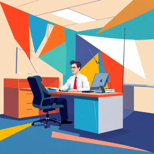 geometric abstraction, abstract forms, vibrant colors, cubic shapes, dynamic composition, modernist influences, office setting, humorous essence, Michael Scott, sharp lines, bold contrasts, corporate environment, satirical twist, abstract expressionism, vivid hues, comic essence, Dwight Schrute influence, television character, contemporary energy, structural interplay, symbolic representation, pop culture reference