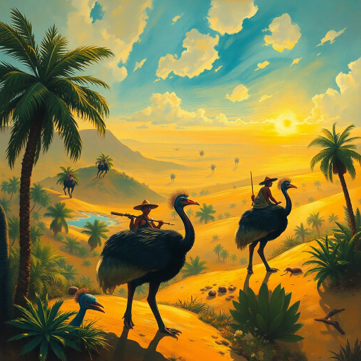 oasis landscape, cassowary riders, prehistoric warriors, surreal journey, Henri Rousseau, Jean Giraud, impressionist brushstrokes, vivid color palette, golden sunlight, mirage effects, dynamic composition, whimsical atmosphere, tropical vegetation, dramatic shadows, expansive desert horizon, cultural fusion, dreamlike scenario, detailed textures, symbolic fauna, mystic ambiance, imaginative realism, adventurous spirits, exotic wildlife, exploratory perspective, ancient mythology, cinematic framing, tribal culture, intense atmosphere, panoramic view, mystical aura, primal energy, richly detailed surfaces, storytelling composition, whimsical creatures, cultural symbolism, imaginative world-building, fantastical adventure, expressive brushstrokes, adventurous mood