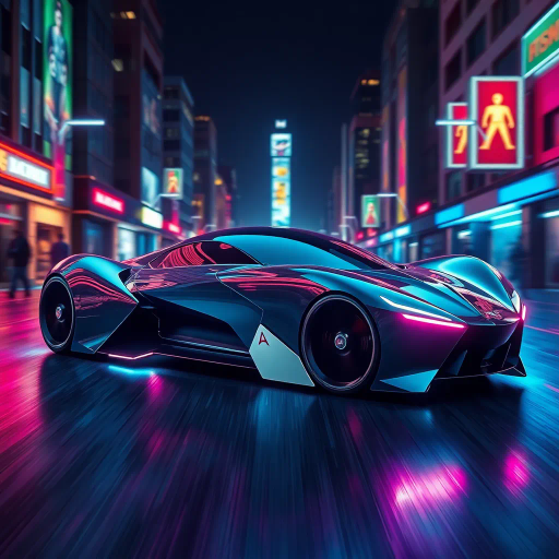 futuristic car design, sleek lines, chrome finish, vibrant neon highlights, dramatic lighting, dynamic movement, aerodynamic shape, retro-futurism, precision engineering, urban environment, concept art, high-tech materials, hyper-realistic detailing, modern aesthetics, speed and agility, metallic textures, ambient atmosphere, avant-garde composition, illuminated cityscape, art deco influences