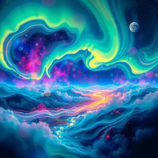 harmony of the spheres, ethereal symphony, aurora borealis, music visualization, cosmic resonance, abstract expressionism, vibrant chroma, Kandinsky influences, flowing melodies, celestial orchestra, dreamlike atmosphere, surreal landscapes, harmonious rhythms, visual synesthesia, universal connection, luminous colors, ethereal light, transcendental experience, spiritual awakening, dimensional journey, divine soundscape, poetic emotion