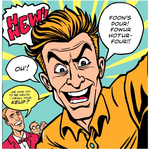 satirical humor, dynamic expression, pop culture references, Roy Lichtenstein style, bold outlines, vibrant colors, exaggerated features, humorous storytelling, speech bubbles, graphic novel style, contemporary irony, playful composition, visual punchline, sequential art, contemporary satire, vivid palettes, modern wit, character-driven narratives, visual metaphor, cultural commentary, stylistic exaggeration