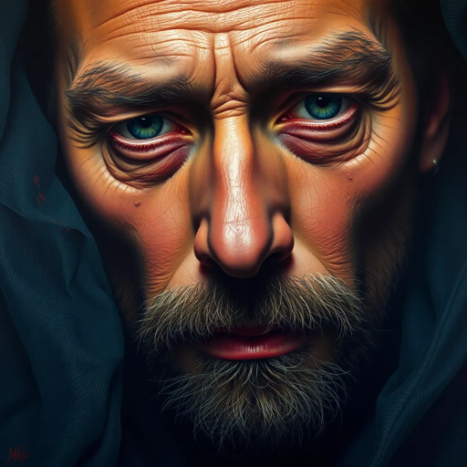 hyper-realism, detailed textures, chiaroscuro lighting, vibrant colors, Rembrandt influence, meticulous detail, natural light, atmospheric depth, emotional resonance, lifelike depiction, intricate composition, smooth gradients, realistic textures, expressive portraits, soft focus, dimensional accuracy, dynamic range, capturing essence, high detail, refined realism