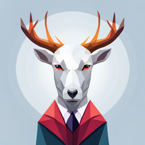 Small, polygonal, futuristic robot with abstract, vectorized antlers resembling goat horns, set against a pristine white background