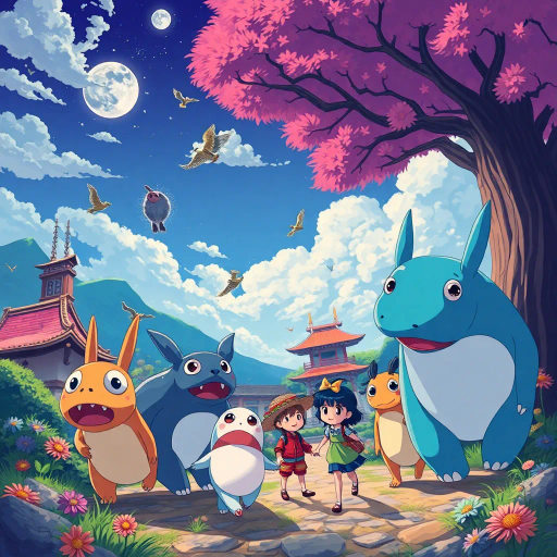 vibrant colors, dynamic composition, Studio Ghibli inspiration, detailed environments, expressive character designs, emotional depth, fantastical themes, cultural motifs, fluid motion, nostalgic atmosphere, distinctive line art, otherworldly settings, intricate detailing, magical realism, retro-futuristic elements, storytelling focus, character-driven narrative, visual storytelling, imaginative landscapes, enchanting creatures