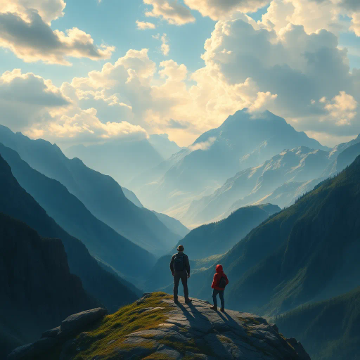 solitary figure, mountain peak, expansive vista, vast horizon, atmospheric perspective, dramatic lighting, ethereal mood, introspective journey, majestic landscape, vivid colors, intricate textures, Edward Hopper influence, surreal elements, sweeping panorama, serene solitude, dynamic clouds, sweeping narrative, emotional depth, timeless exploration, dreamlike quality, artistic symbolism, visual storytelling, scenic composition, high contrast, rich palettes, detailed rendering, heroic scale