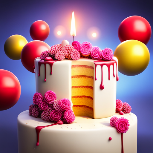 birthday, celebration, 3D, cake, candles, balloons, confetti, party, festive, joyful, colorful, animated, playful, whimsical, realistic, texture, lighting, composition, movement