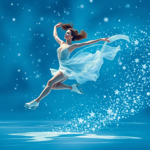 graceful figure skater, gliding across icy surface, winter chill, olympic spirit, dynamic movement, serene concentration, elegant pose, flowing ice, misty breath, ethereal lighting, dramatic shadows, crystalline textures, contemporary style, precision artistry, inspired by Degas and Mucha, soft blue and white palette, delicate balance, rhythmic motion, emotional resonance, global unity, panoramic perspective, intricately detailed, harmonious composition, captivating grace, spirit of competition