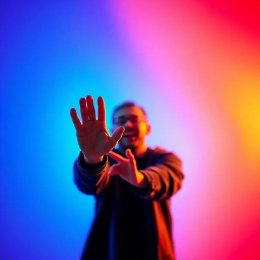 greeting, welcoming gesture, vibrant hues, modern digital style, dynamic flow, cheerful mood, warm lighting, contemporary composition, interactive digital medium, playful energy, inviting atmosphere, spontaneous movement, abstract forms, positive emotion, lively design, joyful essence, immersive experience