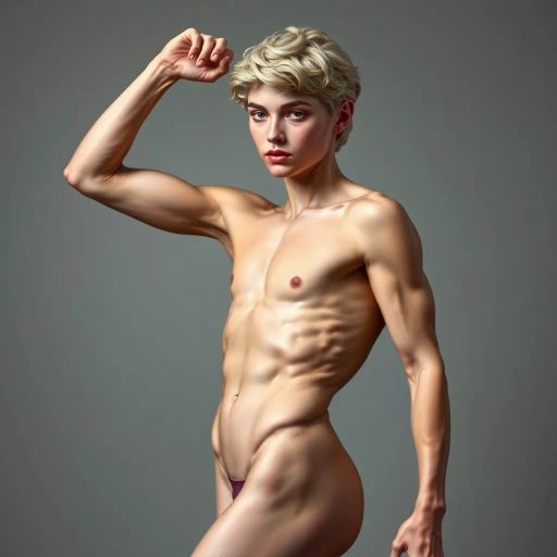 realistic portrayal, youthful energy, dynamic composition, vibrant colors, smooth textures, natural lighting, expressive form, modern aesthetic, elegant curves, detailed anatomy, Michelangelo influence, physical fitness, alluring presence, strong silhouette, emotional depth, contemporary fashion, confident stance, captivating gaze, layered symbolism, figural focus, contemporary realism