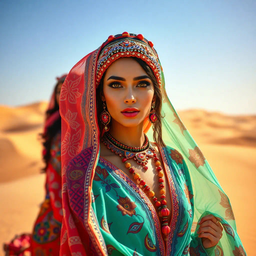 Arabian beauty, vibrant colors, flowing garments, intricate designs, warm lighting, exotic elegance, Henri Matisse influences, rich textures, cultural fusion, contemporary elements, radiant atmosphere, captivating gaze, dynamic movement, ornate patterns, harmonious balance, desert essence, vibrant allure, ethereal quality, sophisticated charm