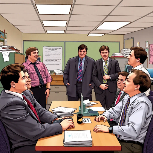 satirical, workplace comedy, 2000s television, vibrant characters, humorous interactions, Michael Scott, Jim Halpert, Dwight Schrute, sardonic wit, office dynamics, banter, mundane setting, Scranton, paper company, unconventional storytelling, ensemble cast, mockumentary style, Steve Carell, quirky relationships, deadpan humor, varied personalities, narrative arcs, expressive body language, exaggerated emotions, bright lighting, cheerful ambiance, subtle social commentary, scenographic composition