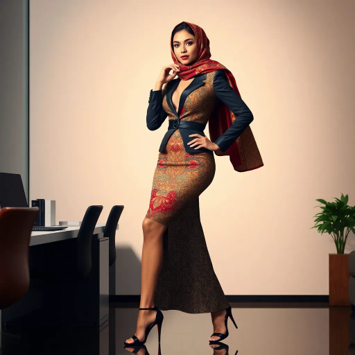 elegant Arab woman, contemporary fashion, hijab, professional attire, modern workplace, high heels, Middle Eastern influence, vibrant colors, soft ambient lighting, dynamic posing, cultural expression, delicate textiles, confident and empowering presence, sophisticated grace, diverse cultural representation, fusion of modern and traditional elements, cultural fusion, empowerment and poise, Impressionism influences, Gustav Klimt inspiration, Art Nouveau elegance, intricate patterns, intricate detailing, vibrant color palette, symbolic attire, office environment, balance and harmony, dynamic composition, surreal lighting, cultural narrative, refined textures, bold symbolism, artistic influences, multicultural dialogue, striking balance, expressive realism, innovative representation, unique fashion, delicate balance, harmonious color palette
