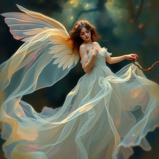 ethereal maiden, pre-raphaelite influences, intricate detailing, warm pastels, flowing drapery, serene expression, enchanted forest, dappled sunlight, soft brushstrokes, whimsical elegance, natural harmony, romanticism, subtle mysticism, organic textures, dreamlike atmosphere, enchanting aura, serene woodland, nature's embrace, idyllic beauty, harmonious composition, gentle movement, timeless grace