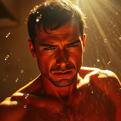 intense heat, vibrant sunlight, glistening sweat droplets, summer atmosphere, hyperrealistic detail, Rembrandt lighting, dynamic composition, warm color palette, textured skin, realism meets abstraction, visceral emotion, expressive brushstrokes, evoking nostalgia, cinematic framing, human form under duress, the interplay of light and shadow, sense of exhaustion, detailed textures, movement and stillness, contemporary artistic expression, artistic interpretation of perspiration