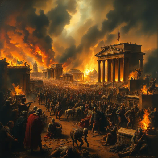 historical devastation, Alaric the Visigoth, ancient ruins, classical architecture, fiery inferno, chaos and turmoil, gothic shadows, sacking and looting, eternal city, Roman Empire, invasion, dramatic conflict, tumultuous skies, Rembrandt lighting, powerful emotions, ancient warfare, Caravaggio-inspired, chiaroscuro, symbolic destruction, fallen civilization, rich textures, monochromatic palette, intense drama, baroque influences, historical narrative, perspective of awe, melancholic atmosphere