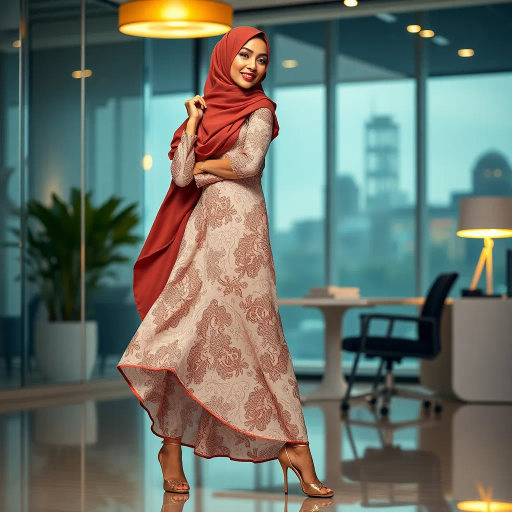 elegant Arab woman, sophisticated hijab, modern workplace, professional attire, high heels, Middle Eastern influence, contemporary art, intricate patterns, vibrant colors, soft lighting, dynamic pose, Impressionism influences, delicate fabrics, confident and empowering presence, cultural expression, diverse representation, cultural fusion, modernism, grace and poise, harmony, balance, cultural narrative, advanced digital techniques, refined textures, bold symbolism, inspired by Gustav Klimt, Art Nouveau elegance, surreal lighting, empowered femininity, rich textures, fluid movement, intricate details, cultural symbolism, confident aura, dynamic composition
