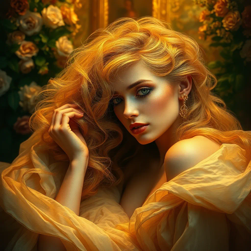 sensuality, ethereal beauty, vibrant hues, Caravaggio lighting, baroque opulence, delicate textures, dreamlike atmosphere, intimate composition, fluid forms, romanticism, surreal elements, mythical allure, intricate details, Renaissance influences, evocative emotions, provocative yet elegant, rich fabrics, golden tones, lush backgrounds, mysterious allure, soft focus, enigmatic expressions, bold contrasts, timeless elegance