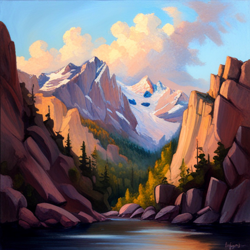 majestic peaks, rugged terrain, atmospheric perspective, muted colors, Impressionism, Hudson River School, light and shadow, texture, acrylic paint, landscape painting, naturalism, serenity, grandeur, scale, plein air, rocky outcroppings, dramatic sky, asymmetry, depth, soft brushstrokes, tranquility