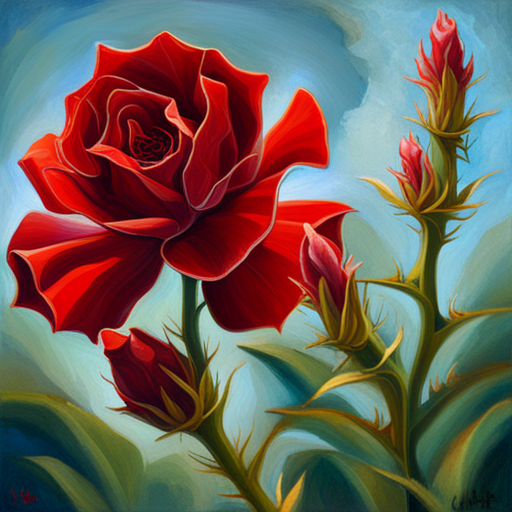 romanticism, still-life, oil painting, impressionism, art nouveau, warm lighting, chiaroscuro, emotional symbolism, thorns, red petals, life cycle, fragility, beauty, nature