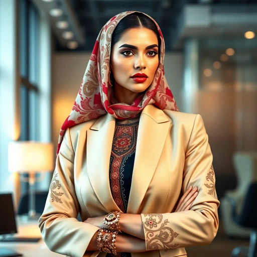 elegant Arab woman, contemporary fashion, hijab, professional attire, modern workplace, high heels, Middle Eastern influence, vibrant colors, soft ambient lighting, dynamic posing, cultural expression, delicate textiles, confident and empowering presence, sophisticated grace, diverse cultural representation, fusion of modern and traditional elements, cultural fusion, empowerment and poise, Impressionism influences, Gustav Klimt inspiration, Art Nouveau elegance, intricate patterns, intricate detailing, vibrant color palette, symbolic attire, office environment, balance and harmony, dynamic composition, surreal lighting, cultural narrative, refined textures, bold symbolism, artistic influences, multicultural dialogue, striking balance, expressive realism, innovative representation, unique fashion, delicate balance, harmonious color palette