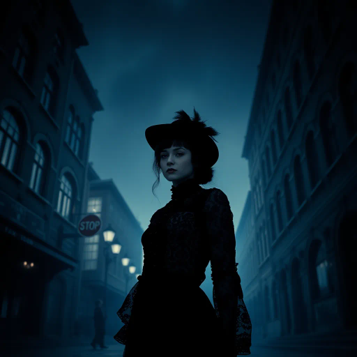 gothic fashion, college girl, mysterious atmosphere, dark academia, moody lighting, bold contrasts, intricate patterns, chiaroscuro, Tim Burton, edgy style, vintage clothing, romanticism, Victorian influence, punk aesthetics, shadow play, expressive eyes, detailed textures, melancholy, urban backdrop, 21st century, cultural infusion, rebellious spirit, soft focus, symbolic jewelry, haunting beauty, vibrant accents, artistic expression, ethereal details
