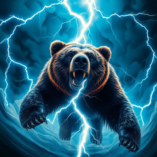majestic bear, struck by lightning, dynamic energy, vibrant electric blues and purples, ethereal glow, dramatic sky, Surrealism, Salvador Dalí influence, mystical forest setting, chiaroscuro lighting contrasts, fluid motion, heroic and powerful, nature's fury, awe and wonder, intricate fur texture, dramatic scale, mythical ambiance, symbolic transformation, timeless wilderness, emotional intensity, elemental forces, narrative depth, allegorical representation