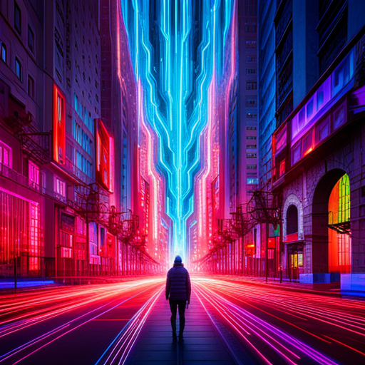 futuristic, artificial intelligence, data visualization, machine learning, generative art, wires and circuits, cyberpunk, neon colors, maximalism, complex patterns, glitch art, technology, perspective, movement, geometric shapes, symbolism