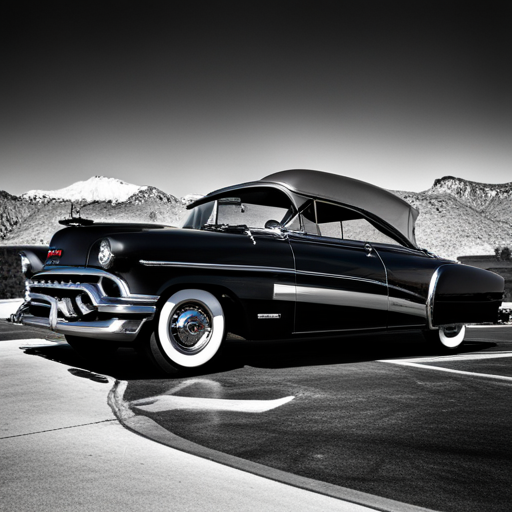 mid-century modern design, black and white photographs, sleek lines, chrome accents, tailfins, leather interiors, Route 66, gas guzzlers, drive-in theaters