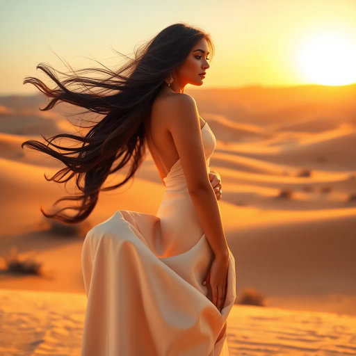 alluring Arab beauty, elegant poise, high heels, Henri Matisse and Yves Saint Laurent inspirations, modern elegance, desert oasis and professional setting, golden hour and chiaroscuro lighting, vibrant warm tones, luxurious textures, intricate and traditional Middle Eastern patterns, exotic allure, cultural richness, flowing lines, sensual movement, feminine power, refined and timeless grace, harmonious romantic ambiance, visual poetry, captivating and seductive composition, ethereal mood, desert mirage, artistic flair, expressive body language, sophisticated minimalism, textural contrast, dynamic perspective, poised demeanor, artistic serenity, contemporary realism, nuanced textures, stylish composition