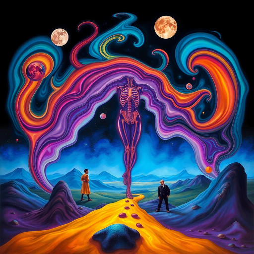 surreal exploration, anatomical abstraction, Salvador Dali, organic forms, intricate curves, fluid movement, dreamlike landscape, vibrant colors, soft textures, symbolic representation, transcendence, imaginative realms, juxtaposition, luminescent glow, ethereal atmosphere, visual metaphor, contemporary twist, boundary exploration, conceptual depth, existential themes, mythical inspiration, creative re-imagination