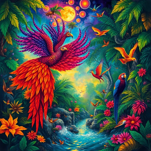 vibrant rainforest, carnival energy, tropical palette, intricate textures, Gustavo Rosa, surrealism, expressive forms, dynamic movement, colorful feathers, mystical beings, atmospheric perspective, lush foliage, samba rhythms, cultural tapestry, radiant lighting, whimsical creatures, vibrant celebrations, exotic wildlife, lively atmosphere, magical realism, imaginative scenery, rhythmic patterns, bold silhouettes