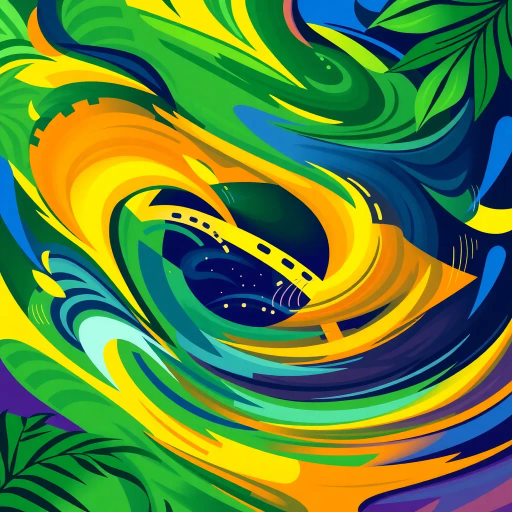 vibrant colors, swirling movement, tropical allure, Brazilian flag, geometric precision, cultural celebration, Carnival inspiration, abstract shapes, bold contrast, energetic flow, Rio de Janeiro, lush greens, radiant yellows, deep blues, chromatic harmony, festive spirit, national pride, rhythmic patterns, dynamic composition, joyful exuberance, modern interpretation