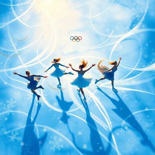 winter landscape, graceful skater, Olympic competition, dynamic motion, surreal elegance, glistening ice, dramatic lighting, vibrant colors, fluid movement, delicate balance, modern artistry, celebratory atmosphere, sportsmanship, international influence, precise technique, Alexander Calder inspiration, futuristic design, cold palette, geometric patterns, sweeping lines, epic scale, abstract realism, vivid textures, harmonious composition