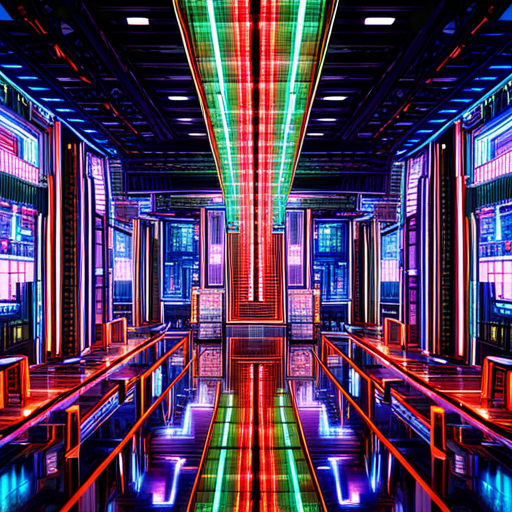 neon lights, glitch effects, sci-fi, retro-futurism, artificial intelligence, circuit boards, maximalism, surrealist landscapes, vibrant colors, cyberpunk, futuristic architecture, motion graphics