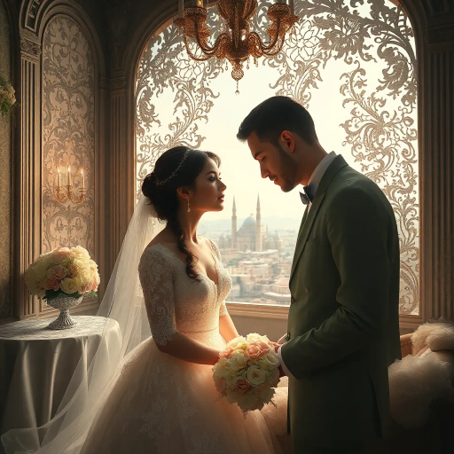 elegant celebration, romantic atmosphere, intricate lace patterns, soft pastel colors, Michelangelo influence, chiaroscuro lighting, Renaissance elegance, intimate composition, timeless love, surreal dreamscape, gentle textures, ethereal glow, delicate florals, harmonious design, Baroque opulence, emotional depth, fluid movement, ornate architecture, luxurious materials, enchanting ambiance, impressionist touches, storybook whimsy, subtle symbolism, classic refinement, panoramic view, detailed decor, poetic sentiment, cultural richness