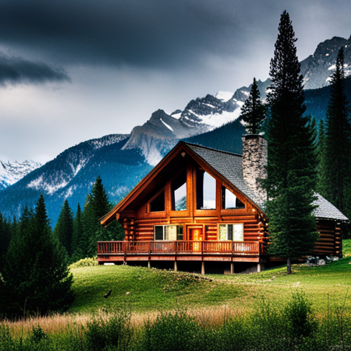 snow-covered mountain, cozy cabin, winter landscape, glowing fireplace, starry sky, snowy trees, soft lighting, rustic wood decor, mountain range, retreat, tranquility